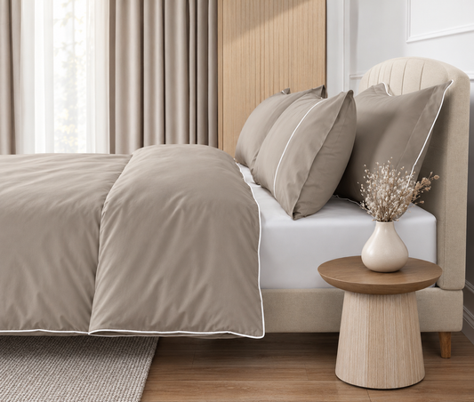 800 Thread Count Egyptian Cotton Duke of Bliss Lux Buttery Smooth Duvet Cover - Simply Taupe with White Accent