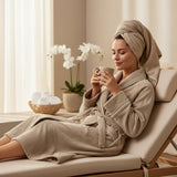 Harrow Cotton Bathrobe - Doeskin with White Pipping