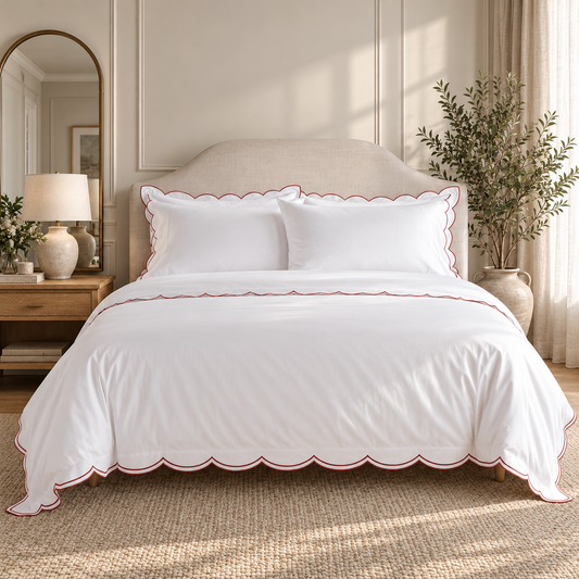 800 Thread Count Egyptian Cotton Sophie Bedding Set - Brilliant White and Dark Burgundy