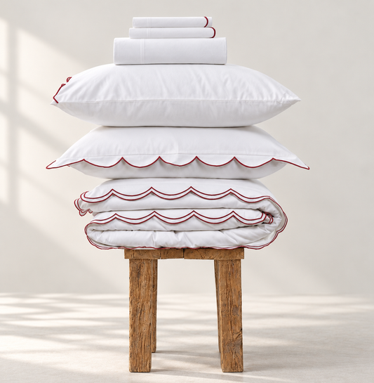 800 Thread Count Egyptian Cotton Sophie Bedding Set - Brilliant White and Dark Burgundy